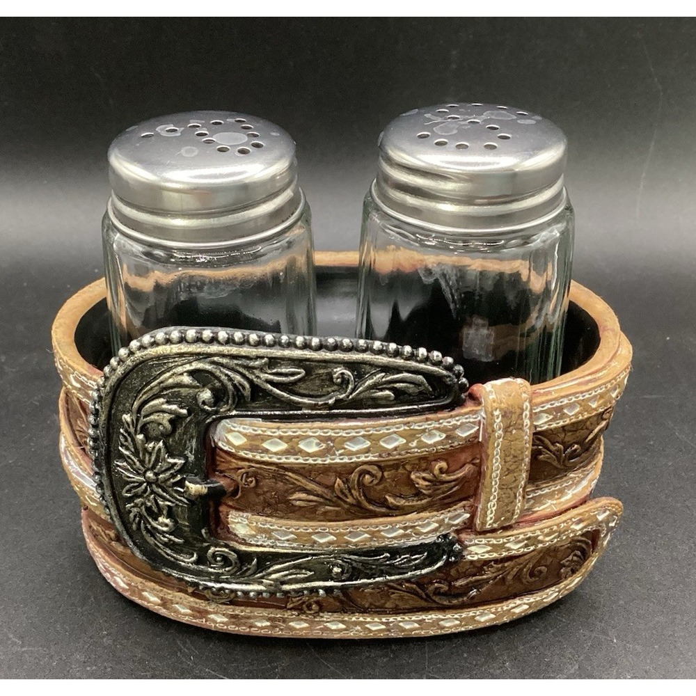 Western‎ Cowboy Belt Buckle Belt Resin Glass Salt Pepper Shakers Country Rustic